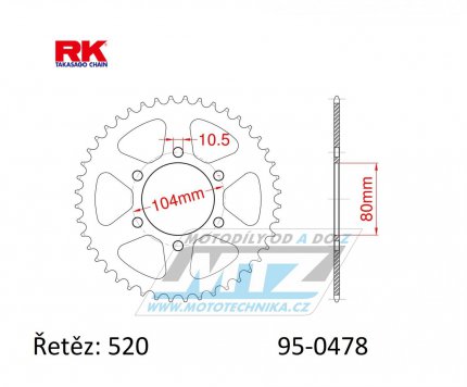 Rozeta ocelov (pevodnk) 0478-45zub RK - Kawasaki ZX6R + ZX6RR + Z650 + Z750 + Z750R + ZXR400 + Z800 + EN650 Vulcan-S + EX650 Ninja 650ABS + EX650 Ninja 650SE + KLE650 Versys + KLE650 Versys ABS