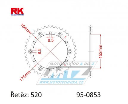 Rozeta ocelov (pevodnk) 0853-44zub RK - Yamaha YZ100+YZ125+YZ250+YZ465+YZ490 +DT200R+DT250MX+DT400MX+IT175+IT200+IT250+IT400+IT465+IT490+TT350 +WR250+WR500+ Kreidler 170 Mustang Utility