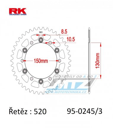 Rozeta ocelov (pevodnk) 0245/3-45zub RK - Honda FMX650 + FX650 Vigor + SLR650 + VT250 + NX650 Dominator + XR600 + Yamaha YZF750R + FZ400 + YZF R6 + YZF600R Thunder Cat