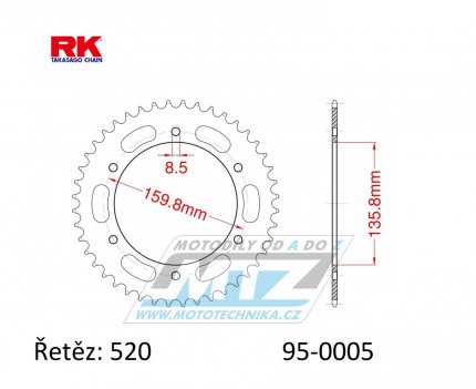 Rozeta ocelov (pevodnk) 0005-43zub RK - Aprilia 650 Pegaso / 92-04 + Moto 6.5 + 350ETX+125ETX+125MX + BMW F650 / 94-07 + F650 Funduro / 96-00 + F650ST Strada / 98-00 + F650 Dakar + F650GS / 99-07 + G650GS+G310GS + Gilera + Beta Alp