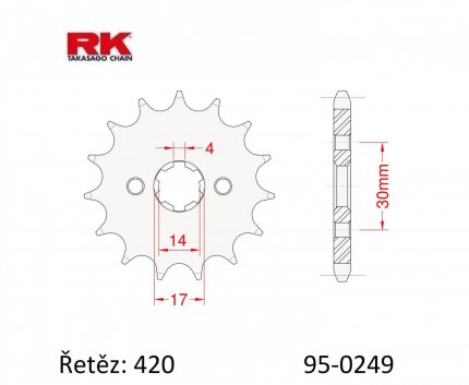 Koleko etzov (pastorek) 0249-15zub RK - Kawasaki KLX110 + KLX110L + AE50 + AR50A1 + AE80 + MAX100 + Honda ST50 + 125 Supra-X + ANF125 Innova + C125 + Suzuki DRZ110 + Kymco 110 Visa-R + 125 Jetix