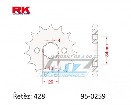 Koleko etzov (pastorek) 0259-15zub RK - Honda CB100+CB125+CBX125+CG125+CT125+CT200 + EZ90 Cub+XL100+XL125S+XL185S+SL100+TL125 + Daelim VC125+VJ125+VJF125R+VS125 + VL125 Daystar+VT125 Evolution + Derbi 125 + Yuki 125 + AJP PR3+PR4